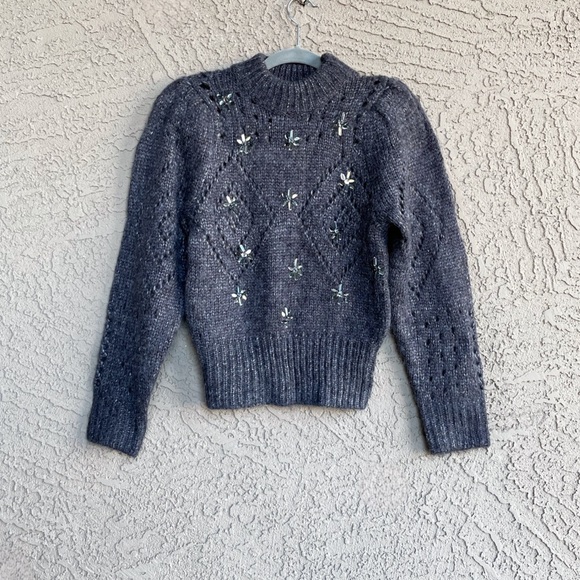 ASTR REVOLVE Gray Jewel Embellished Mock Neck Puff Sleeve Pointelle Wool Sweater - Picture 3 of 14